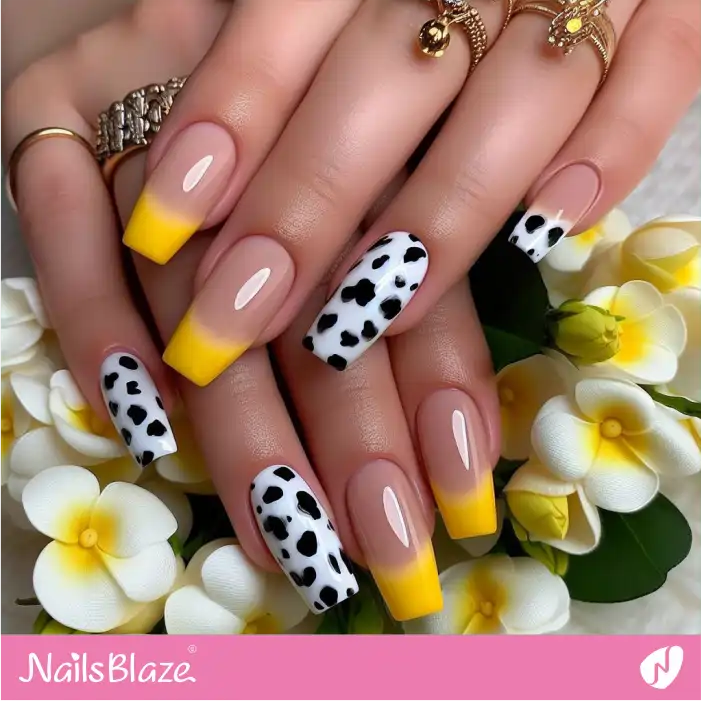Glossy Yellow French Tips with Dalmatian Print Design | Animal Print Nails - NB1973